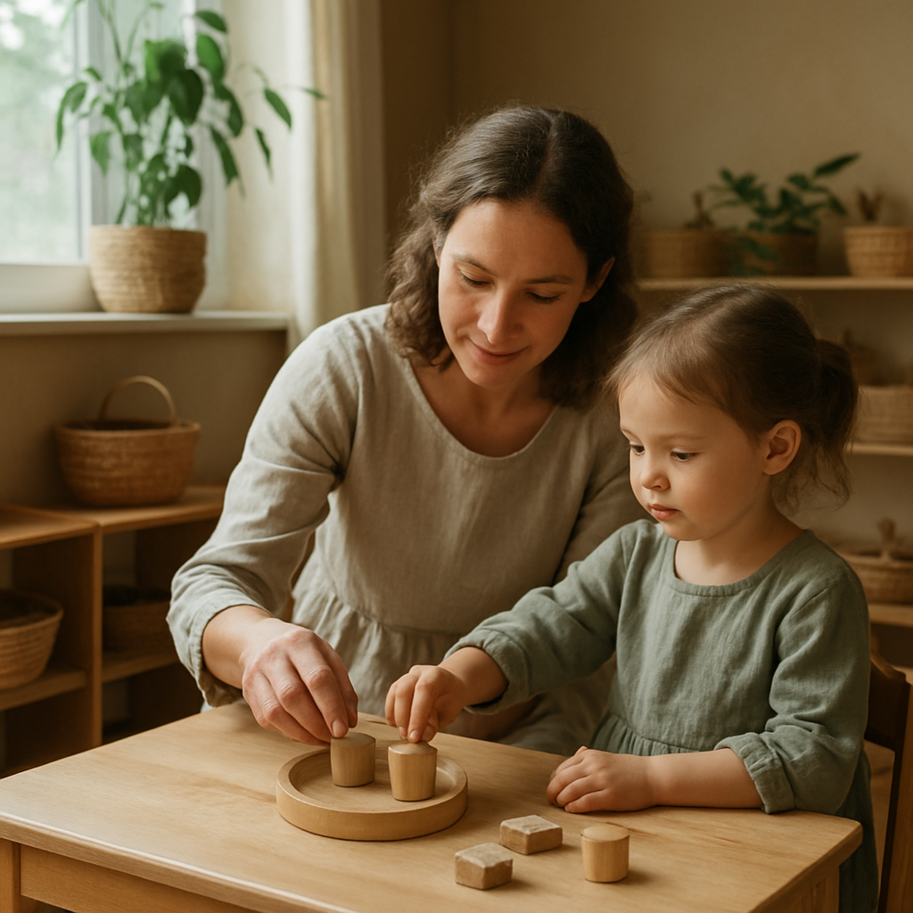 Educadora acompañando a un niño en una actividad Montessori con materiales naturales