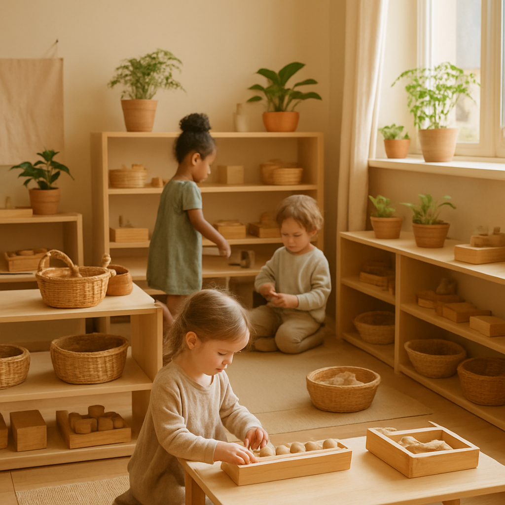 Ambiente preparado de aula Montessori con materiales naturales y niños explorando